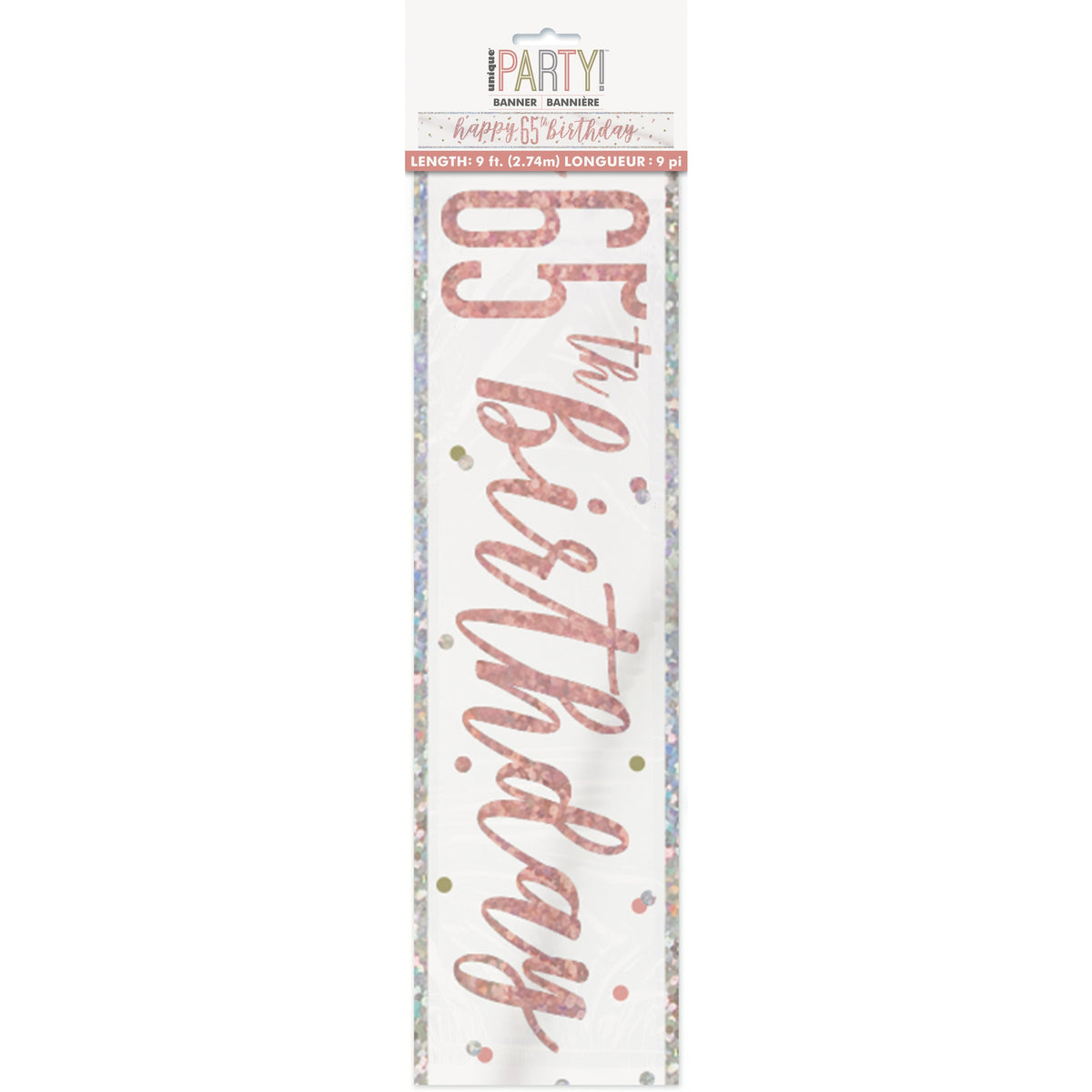1 9' Glitz Rose Gold Foil Banner "Happy 65th Birthday"