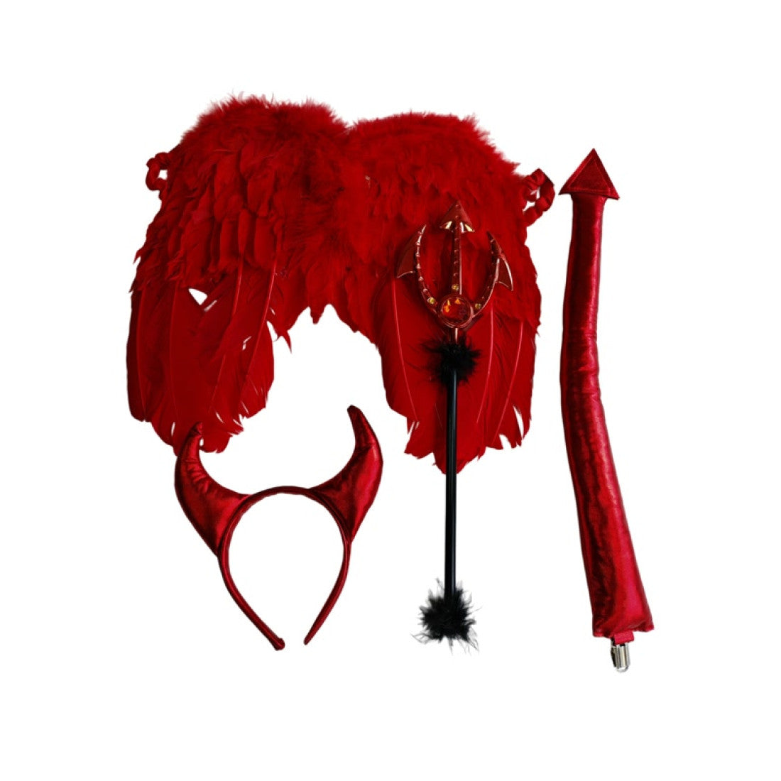 Devil Kit with Red Feather Wings, Tail, Headband and Mini Pitchfork