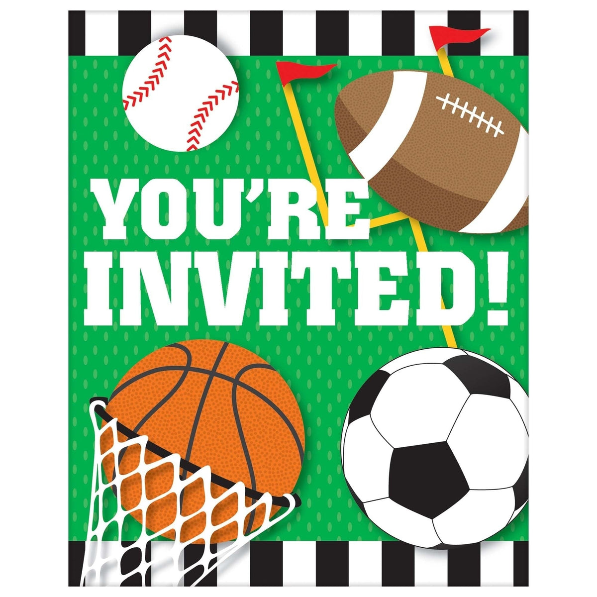 Invitations - Birthday, Green, All Star, 4" x 5"