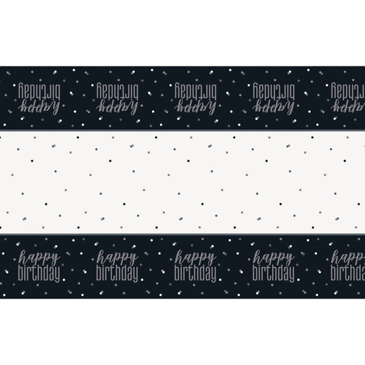 Table Cover - Plastic, Glitz Black & Silver, "Happy Birthday", 54" x 84"