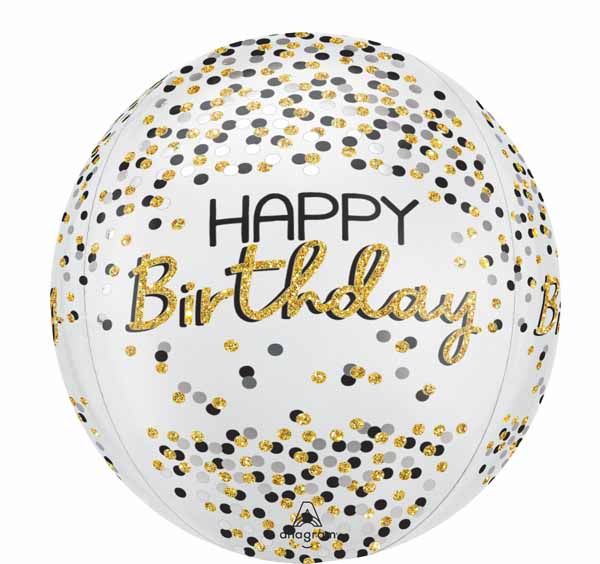 Black Silver & Gold Happy Birthday Orbz 16" Balloon