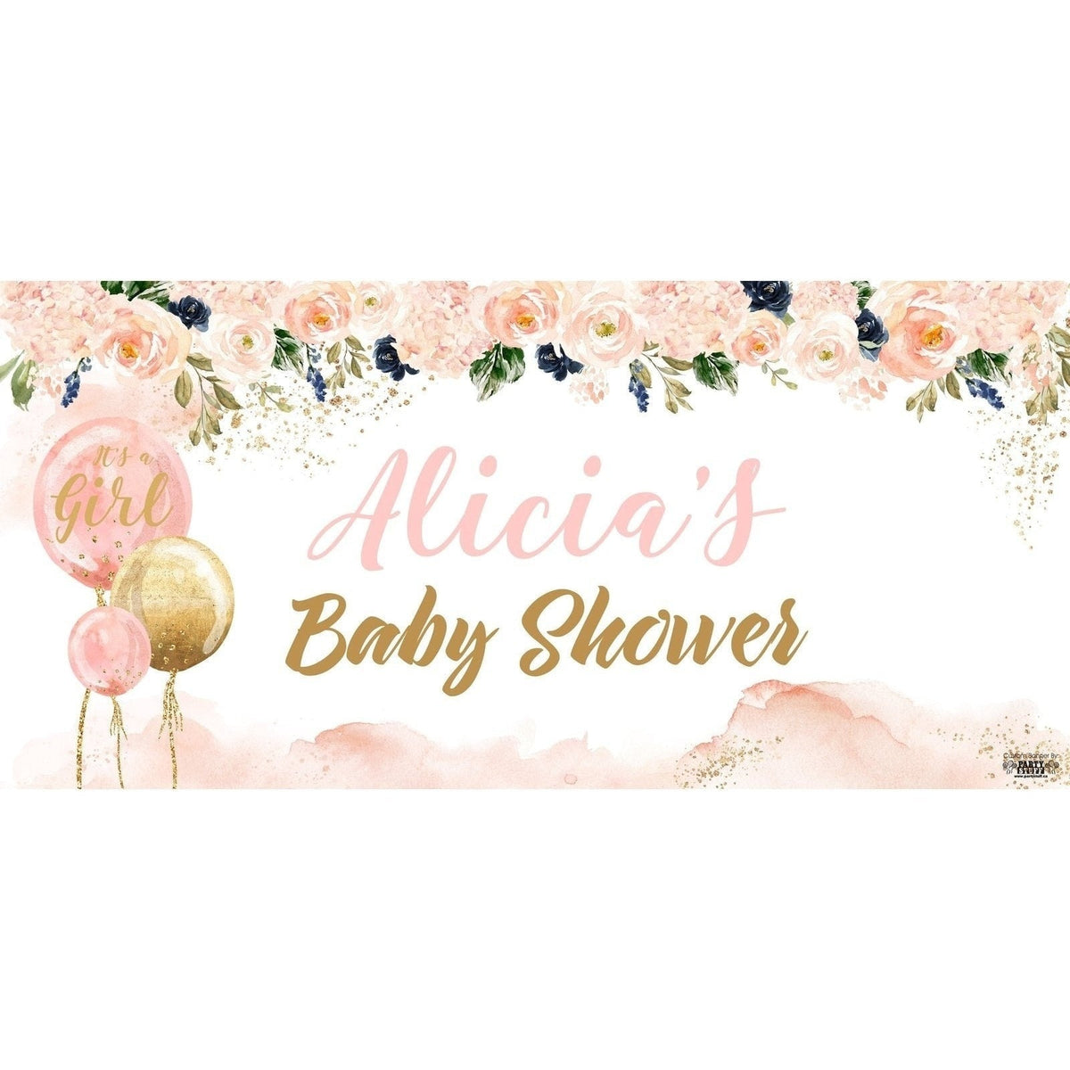 Banner - Custom Deluxe Baby Shower Pink Flowers & Balloons