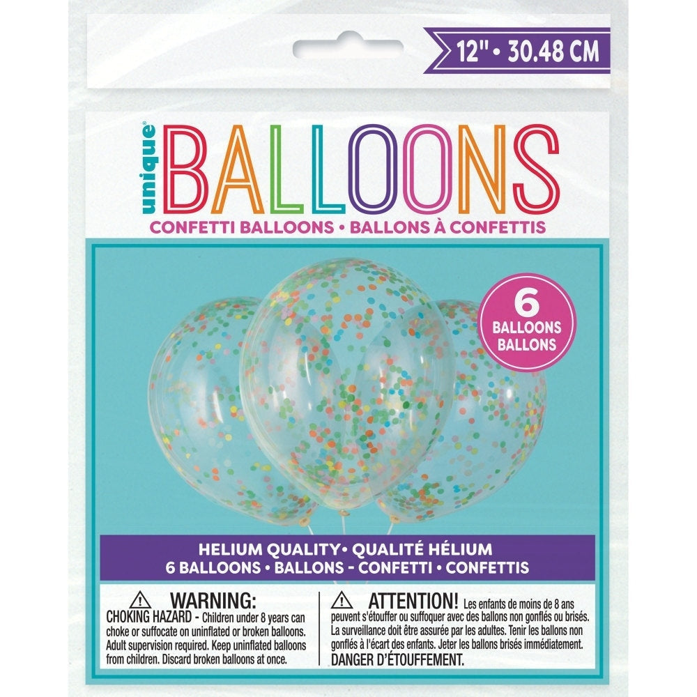 Clear Latex Balloons With Multi-Colored Confetti 12", 6 Count