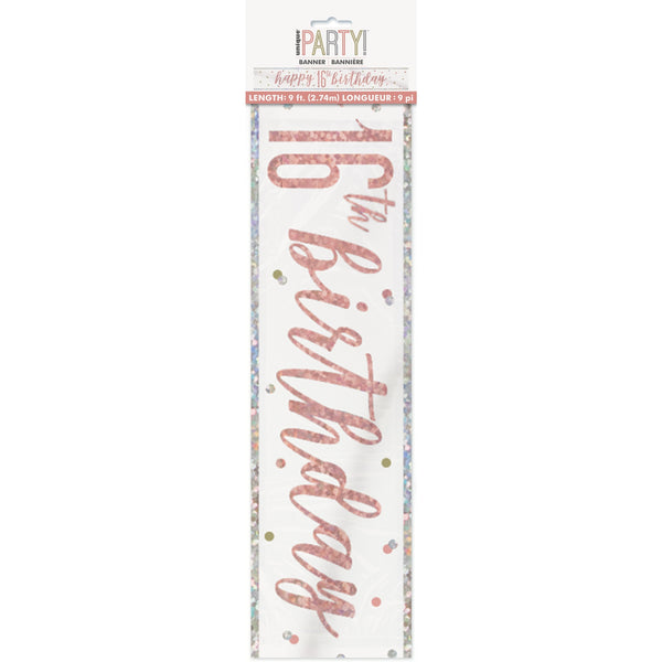 1 9' Glitz Rose Gold Foil Banner "Happy 16th Birthday"