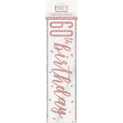 1 9' Glitz Rose Gold Foil Banner "Happy 60th Birthday"
