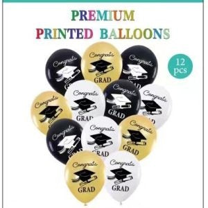 12 Congrats Grad White, Black & Gold Balloons