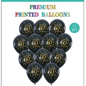 12 Happy 50th Birthday Black & Gold Balloons