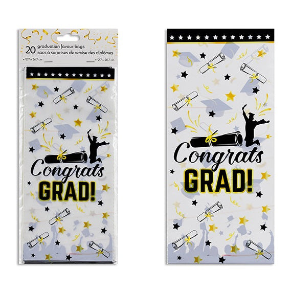 20 Pack Graduation Printed Plastic Favour Bags with Gold Twist Ties