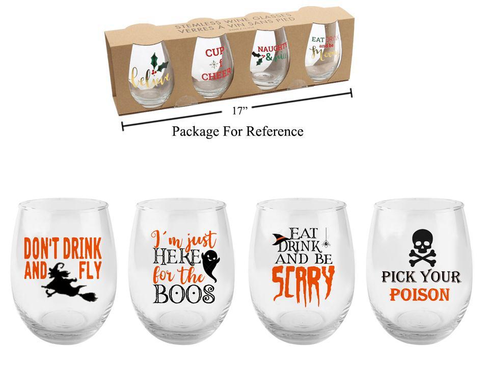 Set of 4 Halloween Stemless Wine Glasses