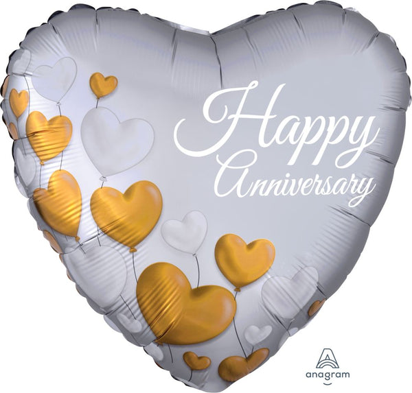 Heart-Shaped Silver & Gold Foil Happy Anniversary 18" Balloon