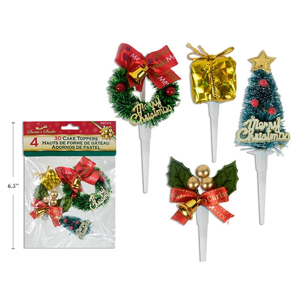 4 Pack Christmas 3-D Cake Toppers. Random Assortments.