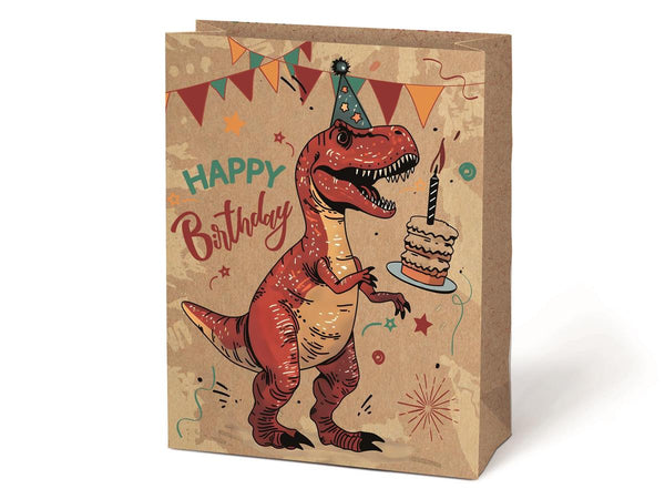 T-Rex Dino in a Birthday Hat Large Gift Bag, 12"x 16"