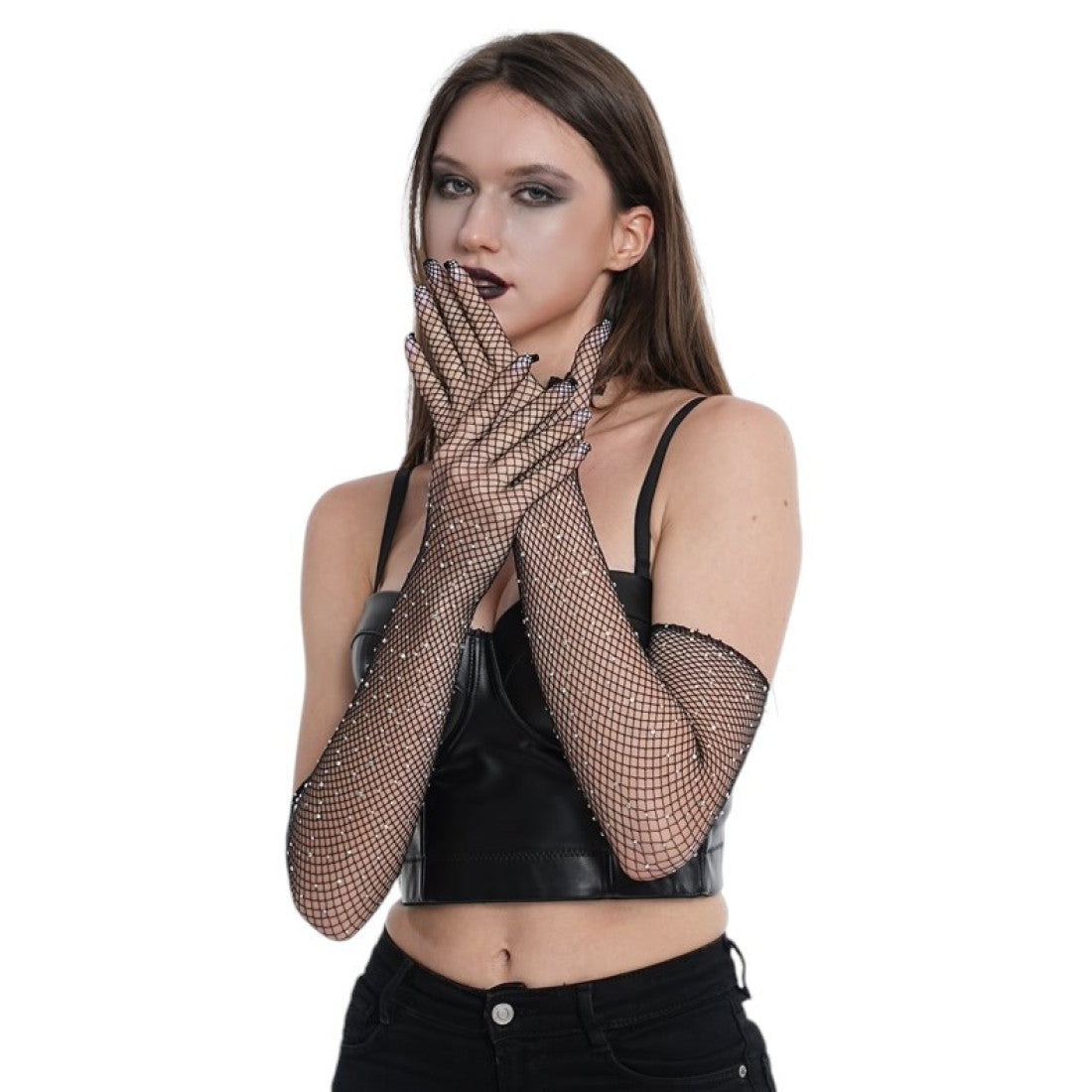 Black Rhinestone Fishnet Gloves