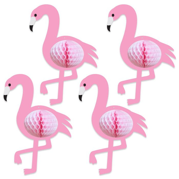 Pink Tissue Hangable Flamingo Decorations 10" x 7", Pack of 4