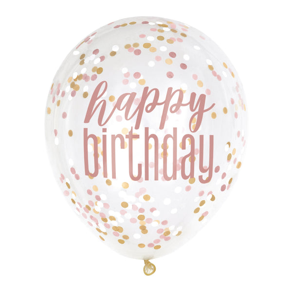 6 12" Clear Printed Rose Gold "Happy Birthday" Balloons with Confetti