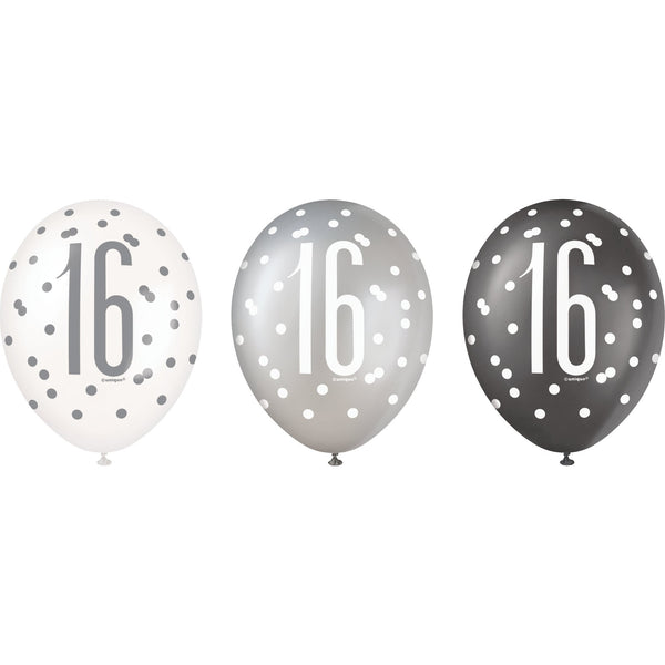 6 12" Glitz Black, Silver, & White Latex Balloons 16