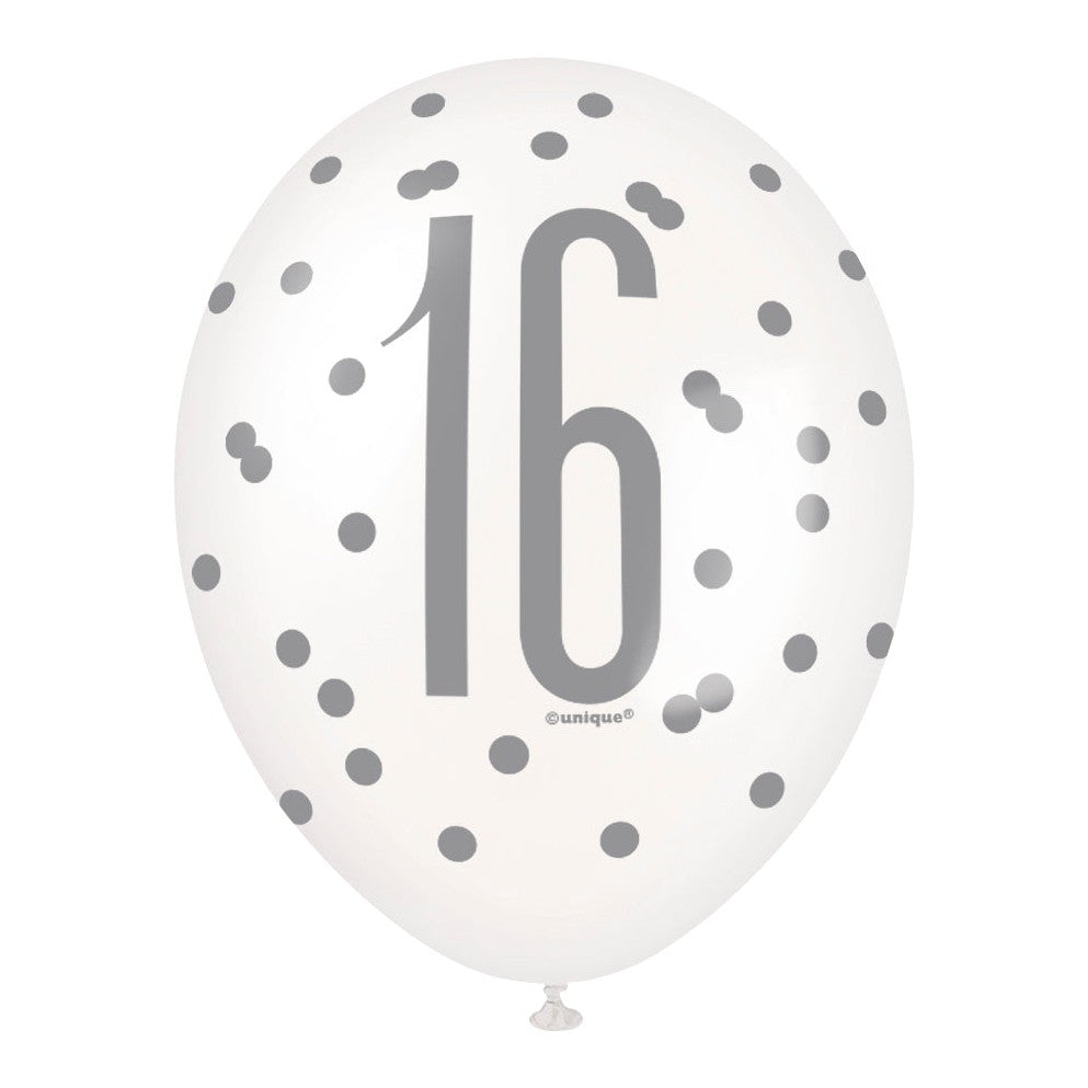 6 12" Glitz Black, Silver, & White Latex Balloons 16