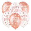 6 12" Glitz Rose Gold Latex Balloons "Happy Birthday"