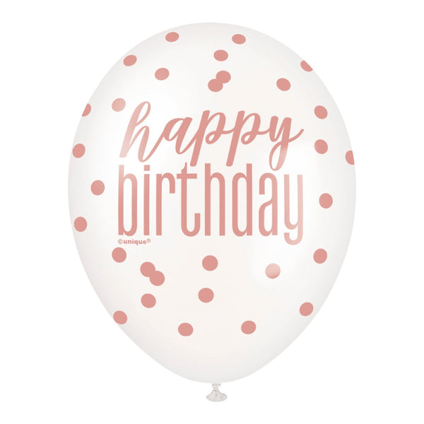 6 12" Glitz Rose Gold Latex Balloons "Happy Birthday"