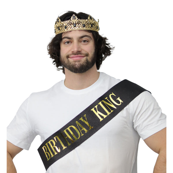 Black and Gold Birthday King Sash & Crown Set