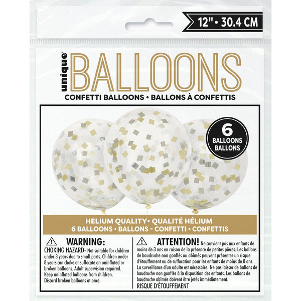 Balloons - Clear with Gold/Silver Confetti, 6 Count