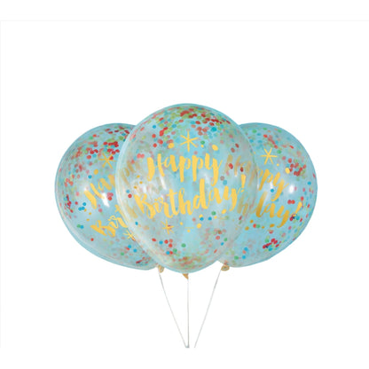 Balloons - Latex, Glitzy Gold, Birthday Clear with Confetti 12", 6 Count
