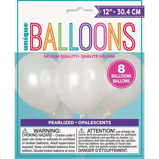 Balloons - Latex, Pearl White, 12", 8 Count