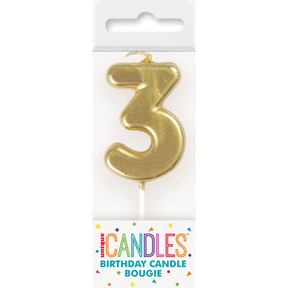 Candle - Number 3, Mini Metallic Gold, Pick, Birthday