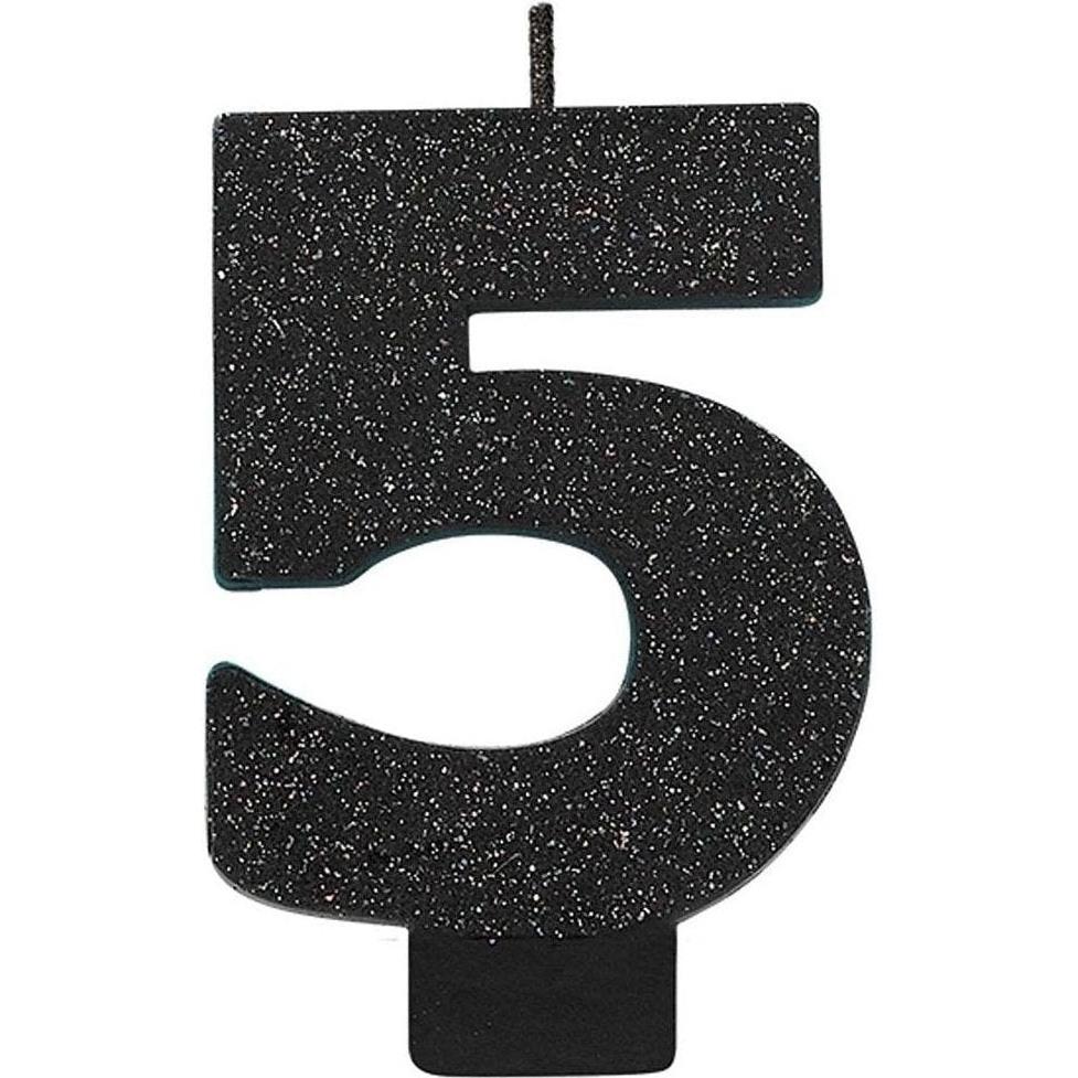 Numeral #5 Glitter Candle - Black