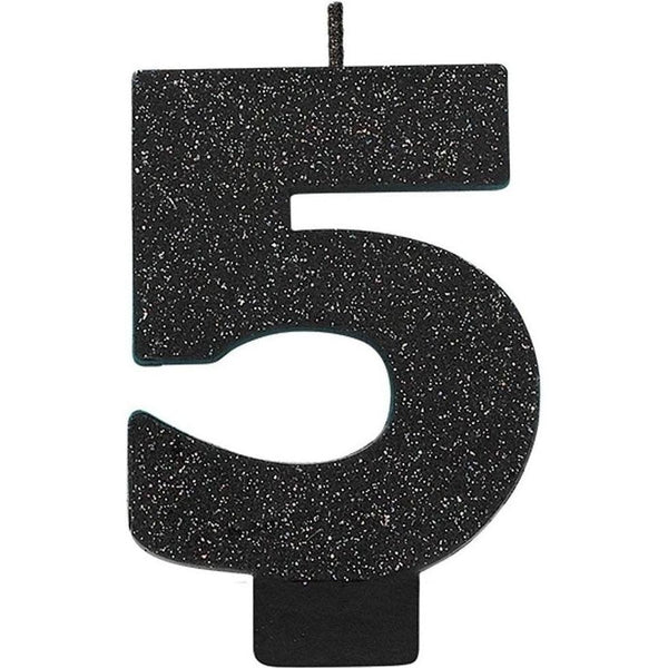 Numeral #5 Glitter Candle - Black