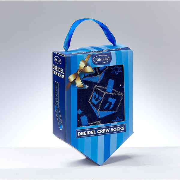 Chanukah Adult Crew Socks, Dreidels and Stars in Dreidel Box