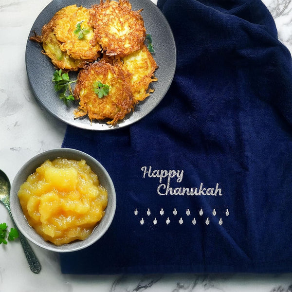 Chanukah Embroidered Navy Towel With Silver Embroidery