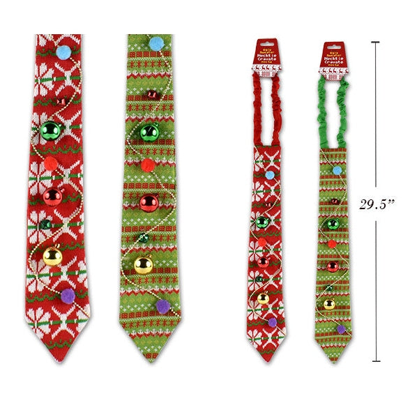 Christmas Knitted Ugly Sweater Necktie with Ornament and Bells. 2 Assorted, 1 per
