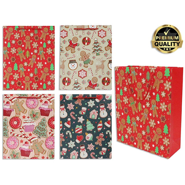 Christmas Matte Premium Silk Screen Glitter Gingerbread Gift Bag - Jumbo. 4 Assorted, 1 per