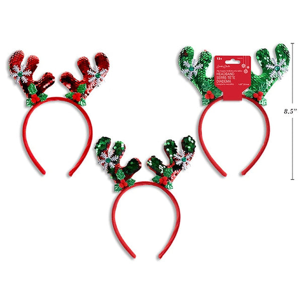 Christmas Sequin Reindeer Antler Headband with Jewelled Snowflake and Holly Berries, 1 per