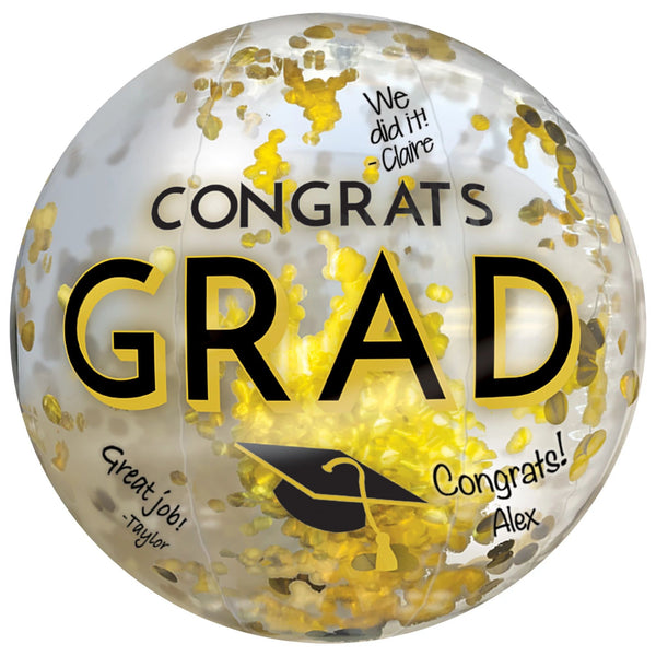 Congrats Grad Beach Ball w/ Confetti - Black, Silver, Gold
