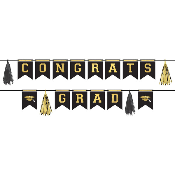 Congrats Grad Pennant Banner Kit - Black, Silver, Gold