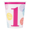 Cups - Paper, Pink Dots, 1st Birthday, 9oz., 8 Count