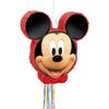 Mickey Mouse-shaped pinata with colorful tassels on a white background
