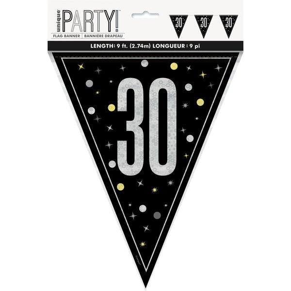 Flag Banner - Black & Silver Glitz 30th Birthday, 9 Feet