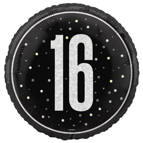 Foil Balloon - 16th Birthday, Glitz Black, 18"