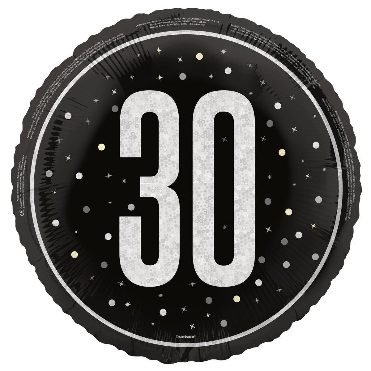 Foil Balloon - 30th Birthday, Glitz Black, 18"