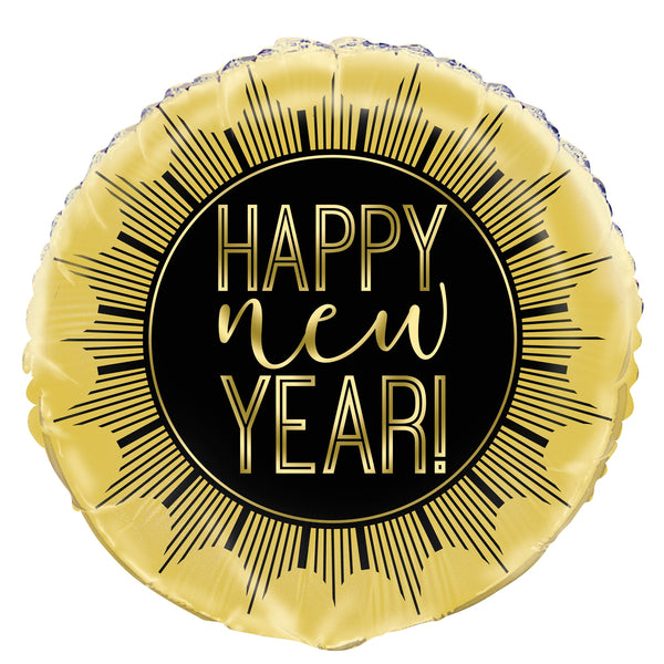 Foil Balloon - Round 18", Happy New Years, Gold and Black