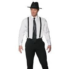 Gangster Accessory Kit With Black Fedora, Long Black Tie & Black Suspenders