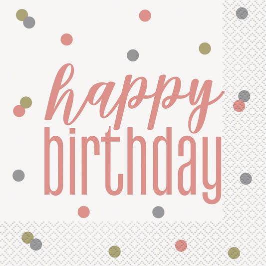 Glitz Rose Gold "Happy Birthday" Lunch Napkins, 16 Count