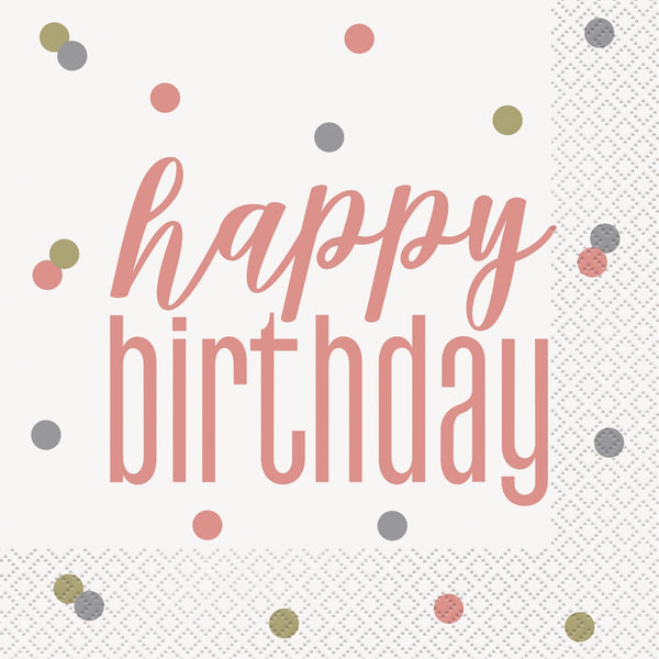 Glitz Rose Gold "Happy Birthday" Lunch Napkins, 16 Count