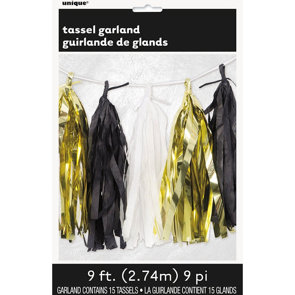 Gold, Black & White Tissue Tassel Garland – 9ft