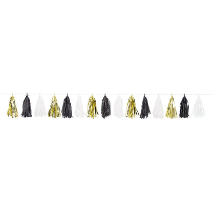 Gold, Black & White Tissue Tassel Garland – 9ft