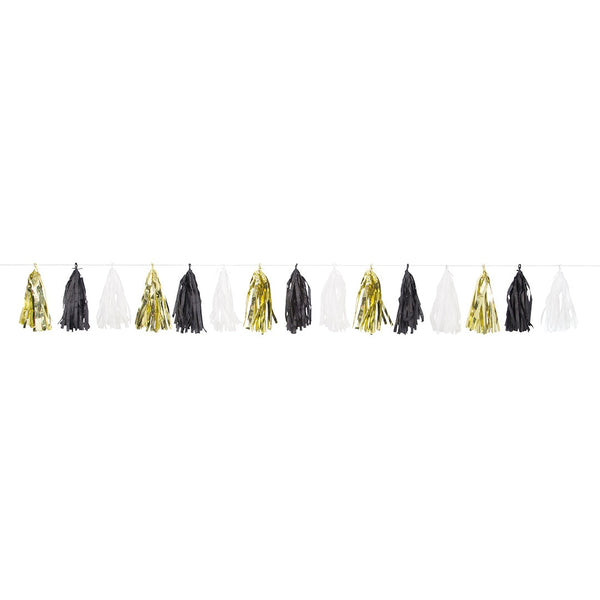 Gold, Black & White Tissue Tassel Garland – 9ft