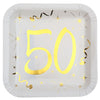 Gold & White 50th Square Dinner Plates, Set of 10